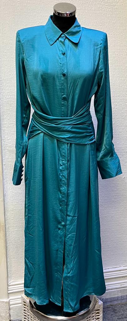 Nasty Gal Satin Tie Midi Shirt Dress Jade