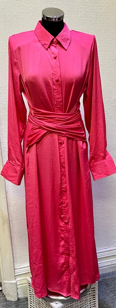 Nasty Gal Satin Tie Midi Shirt Dress Hot Pink Size 8